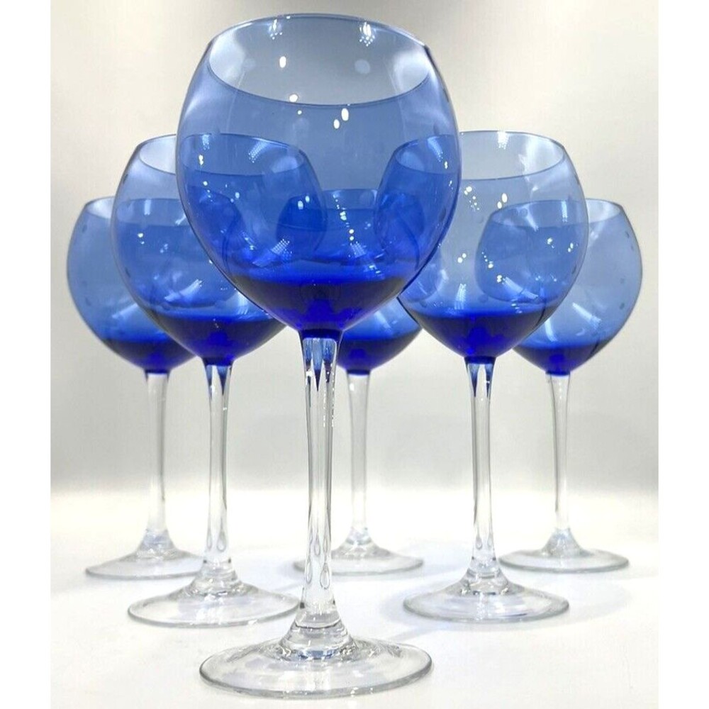 Vtg Set of 6 Cobalt Blue Ombre Wine Glasses Hand Blown Glass Etched Polka Dots